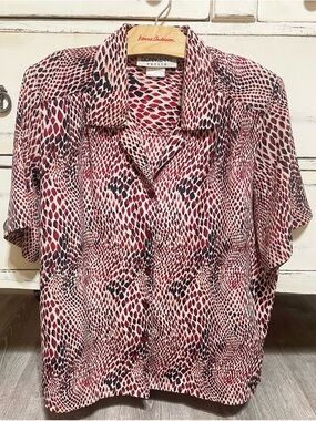 Donnkenny Red & Black Abstract Dot Blouse – Petite Large | Shoulder Pads